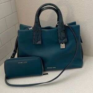 Dark teal with a snake skin handle, Michael Kors, shoulder bag, and wallet